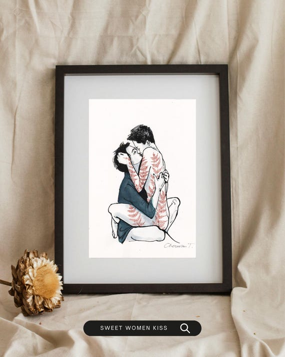 Sweet Women Kiss Original Ink Drawing, Tender Kiss Portrait, 30 x 42 cm