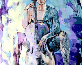 A woman with a musical instrument, original artwork cello gifts, figurative art, music, purple abstract painting