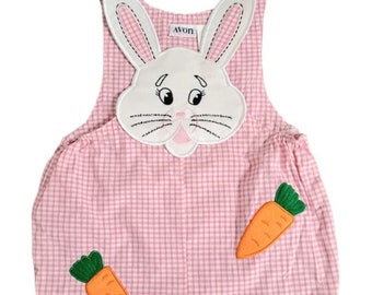 Vintage Girls Easter Romper 4T Bunny Pink White Gingham Rabbit Carrots Spring Avon new nwot