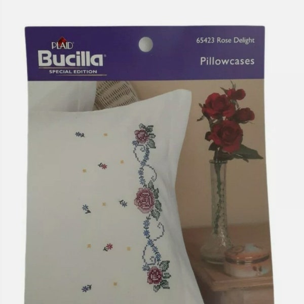 Bucilla Rose Delight Pillowcase Pair Blank Floral Stamped Cross Stitch Needlepoint Kit NEW