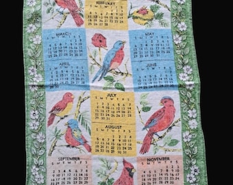 Vintage 1973 Calendar Tea Towel 14.5" x 25" Birds Floral Folk Art Linen Cottage Dish Hygge Minimalist Decor songbirds flowers