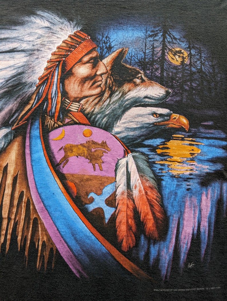 Vintage 90s Shirt Native American Indian Chief Nature Wolf Eagle USA made XL image 2