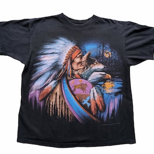 Vintage 90s Shirt Native American Indian Chief Nature Wolf Eagle USA made XL image 1