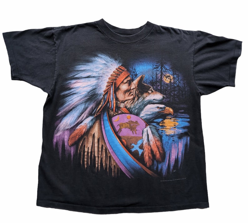 Vintage 90s Shirt Native American Indian Chief Nature Wolf Eagle USA made XL image 1