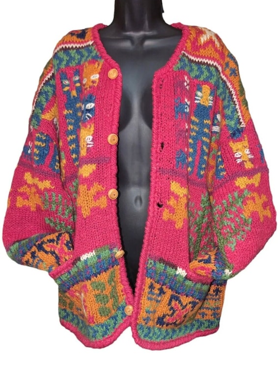 Vintage Handknit Cat Sweater Express Tricot Wool All Over Print Folk Art Wear Lover Crazy Lady Grandma Hand Knit Cardigan Chunky Grannycore Etsy Mexico