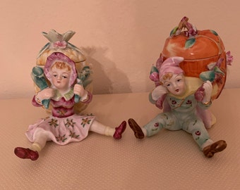 Girl Boy Porcelain Figurines with Apple and Pineapple Trinket Boxes with Lids