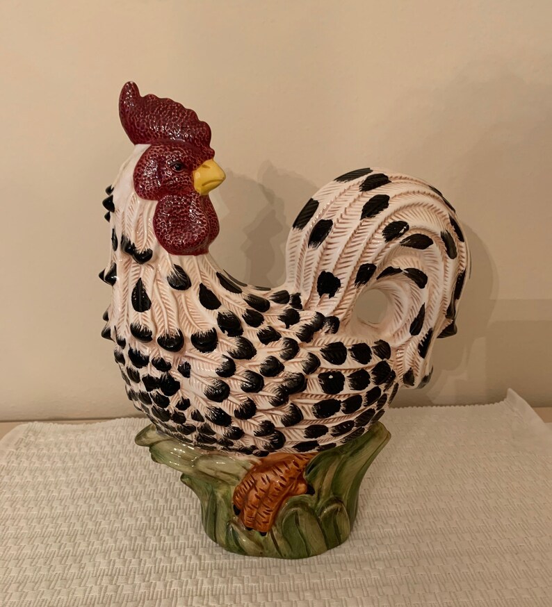 1999 Ceramic Black and White Speckled Rooster Figurine Statue Etsy