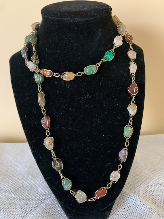 34''Wire Wrapped Multi Gem Long Necklace Gold Colo