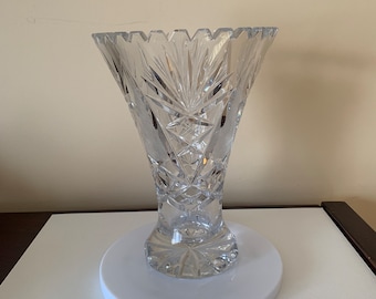 Vintage Bohemian Cut Crystal Fotted Trumpet Vase Sawtooth High Quality
