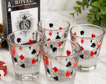 Vintage Poker Night Gift Set, Playing Card Shot Glasses w/ Sealed Plastic Deck, Casino Barware, Entertaining Set, Bar Cart Styling