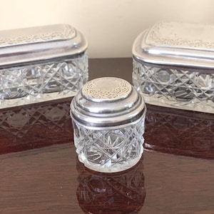 Antique Cut Crystal Vanity Boxes – 800 Silver Lids, Trinket Jewelry Vanity Decor