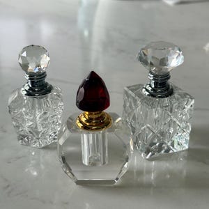Vintage Set of 3 Art Deco Cut Crystal Perfume Bottles with Screw-On Stoppers | Ruby Red & Clear Faceted Vanity Bottles