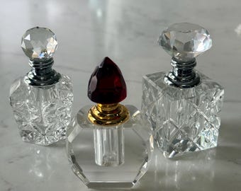 Vintage Set of 3 Art Deco Cut Crystal Perfume Bottles with Screw-On Stoppers | Ruby Red & Clear Faceted Vanity Bottles
