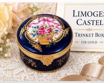 Limoges Castel France Trinket Box, Cobalt Blue, 22K Gold