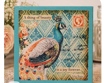 Peacock Collage Wall Art Framed Quote Decor Gift Handmade USA John Keats