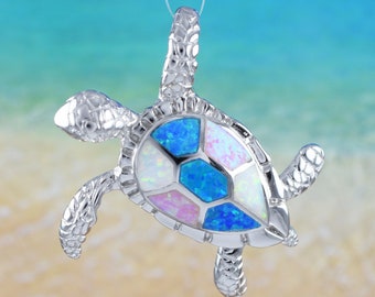 Hawaiian X-Large Blue Pink White Opal Sea Turtle Necklace, Sterling Silver Opal Sea Turtle Pendant, Valentine Birthday Mom Gift