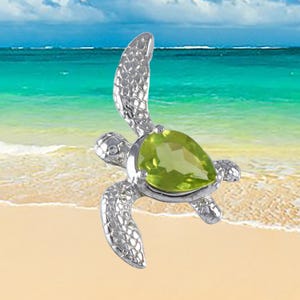 Hawaiian Genuine Peridot Sea Turtle Necklace, Sterling Silver Peridot Sea Turtle Pendant, Christmas Mom Birthday Gift