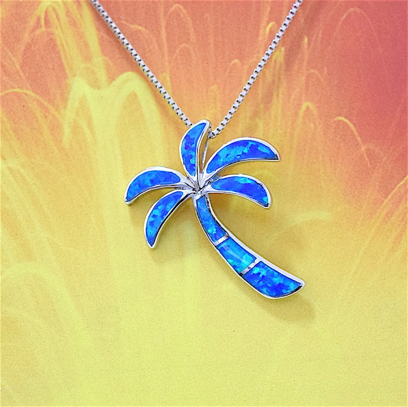 W56015 Hawaiian Jewelry Hawaiian Palm Tree Necklace Valentine Present Birthday Gift Sterling Silver Blue Opal Inlay Palm Tree Pendant