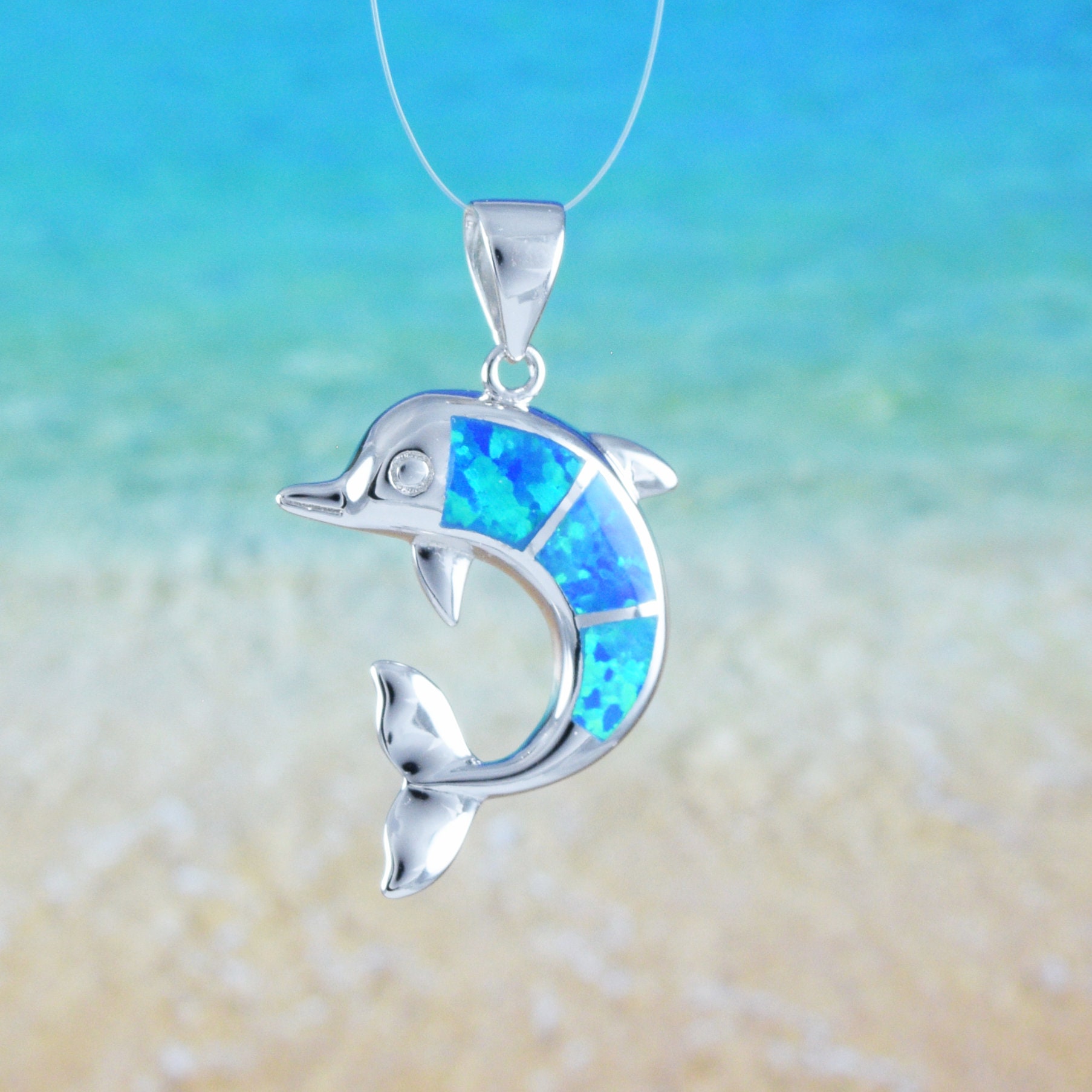 Hawaiian Blue Opal Dolphin Necklace Sterling Silver Blue Opal
