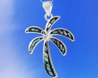 Hawaiian Large Genuine Paua Shell Palm Tree Necklace, Sterling Silver Abalone MOP Palm Tree Pendant, Valentine Present, Birthday Mom Gift