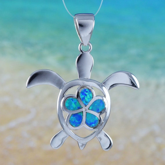 Hawaiian Large Plumeria Sea Turtle Necklace Sterling Silver
