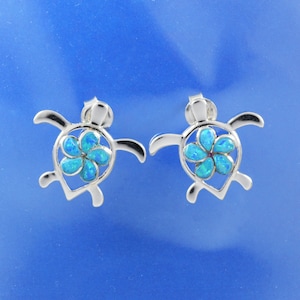 Blue Opal Sea Turtle Earrings: Sterling Silver Plumeria Studs