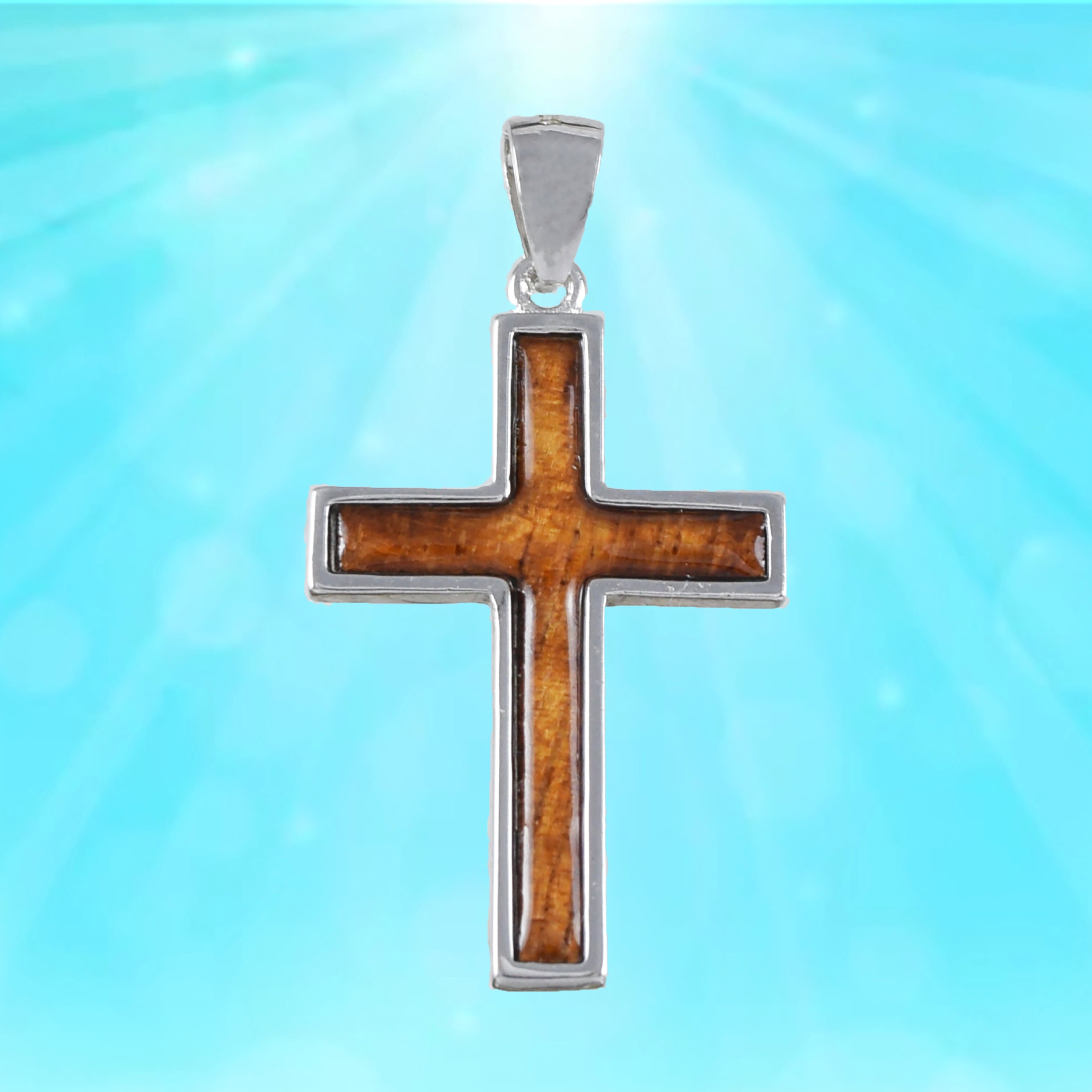 Hawaiian Large Genuine Koa Wood Cross Necklace Sterling Silver Koa Wood Inlay Cross Pendant Valentine Anniversary Birthday Gift