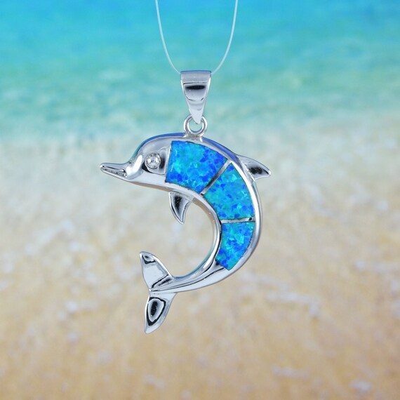 Hawaiian Large Blue Opal Dolphin Necklace Sterling Silver Blue