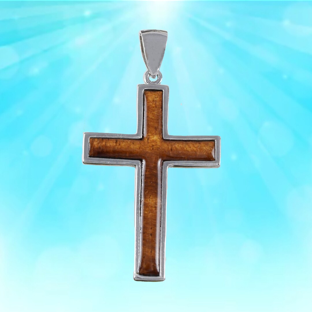 Hawaiian X-large Genuine Koa Wood Cross Necklace, Sterling Hawaiian X-large Genuine Koa Wood Cross Necklace, Sterling