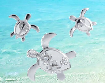 Sterling Silver Hawaiian Sea Turtle Necklace & Earrings: Plumeria CZ Jewelry Set