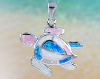 Hawaiian Blue Pink White Opal Sea Turtle Necklace, Sterling Silver Opal Sea Turtle Pendant, Valentine Birthday Mom Gift