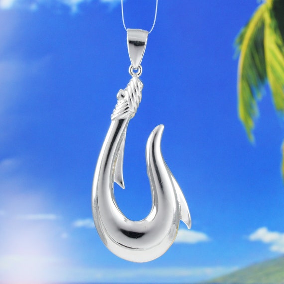Hawaiian 3D X-large Fish Hook Necklace, Sterling Silver 3D Fish Hook Pendant,  Valentine Anniversary Birthday Gift 