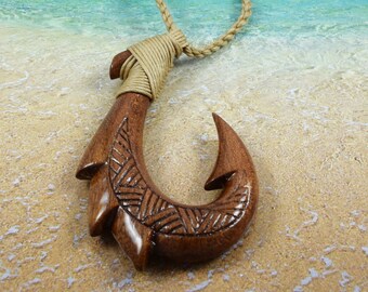 Hawaiian Large Genuine Koa Wood Fish Hook Necklace, Hand Carved Koa Wood  Fish Hook Necklace, Valentine Present, Anniversary Birthday Gift 