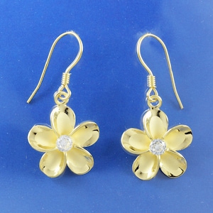 Hawaiian Plumeria Earrings, Sterling Silver Yellow-Gold Plated Plumeria CZ Dangle Earrings, Christmas Anniversary Birthday Gift