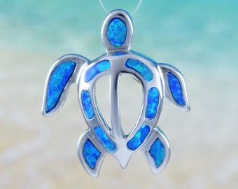 Hawaiian Blue Opal Sea Turtle Necklace, Sterling Silver Blue Opal Inlay Sea Turtle Pendant, Valentine Birthday Gift