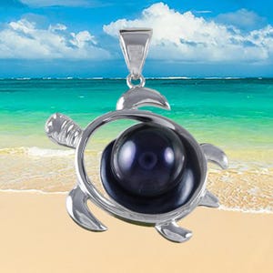 Hawaiian Genuine Black Pearl Sea Turtle Necklace, Sterling Silver Black Pearl Sea Turtle Pendant, Christmas Birthday Gift