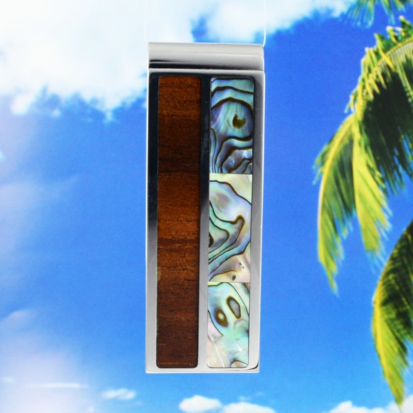 Hawaiian Large Genuine Koa Wood Paua Shell Money Clip, Stainless Steel Koa Wood Abalone MOP Inlay Money Clip, Valentine Birthday Gift