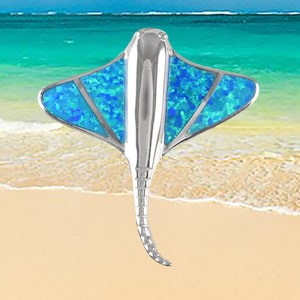 Hawaiian Large Blue Opal Stingray Necklace, Sterling Silver Blue Opal Sting Ray Pendant, Christmas Anniversary Birthday Gift