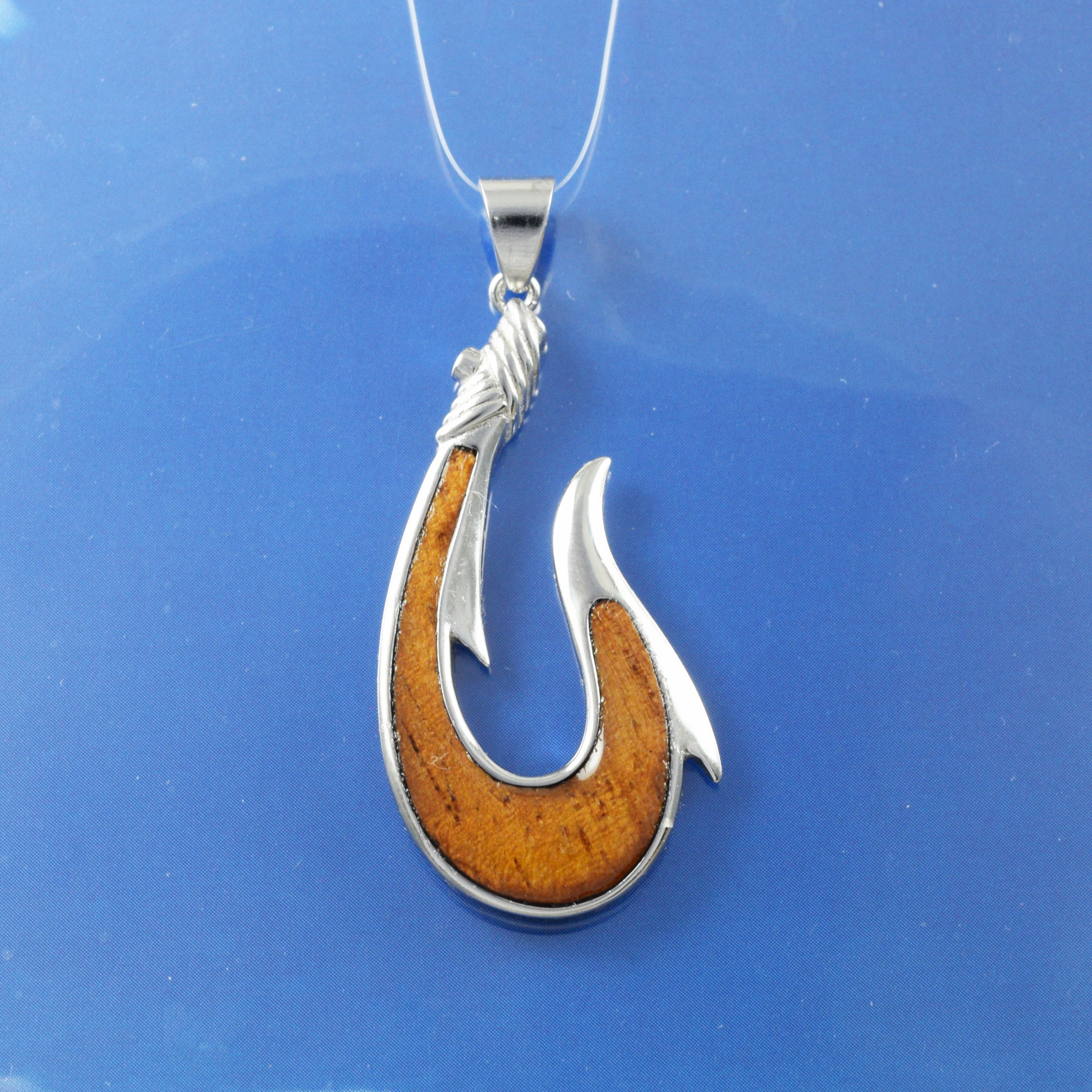 Hawaiian X-Large Genuine Koa Wood Fish Hook Necklace, Sterling Silver Koa Wood Fish Hook Pendant, Valentine Anniversary Birthday Gift