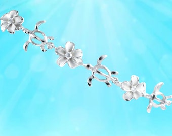 Sterling Silver Sea Turtle Plumeria Anklet - Adjustable Hawaiian Bracelet