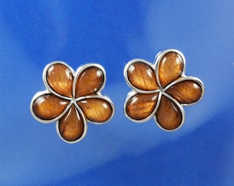 Hawaiian Genuine Koa Wood Plumeria Earrings, Sterling Silver Koa Wood Plumeria Stud Earrings, Christmas Anniversary Birthday Gift