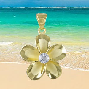 Hawaiian Plumeria Necklace, Sterling Silver Yellow-Gold Plated Plumeria CZ Pendant, Christmas Anniversary Birthday Mom Gift