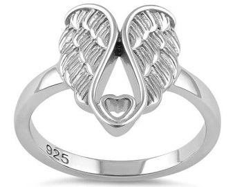 Hawaiian Angel Wing Heart Ring, Sterling Silver 2 Wings Band Ring, W75022 Hawaiian Jewelry, Valentine Anniversary Birthday Mom Gift