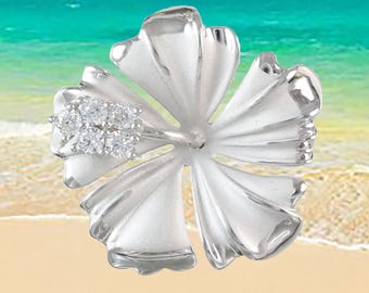 Sterling Silver Hibiscus Necklace: CZ Hawaiian Flower Pendant