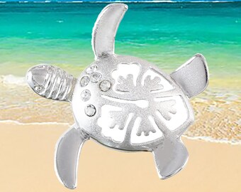 Sterling Silver Hawaiian Sea Turtle Necklace: Hibiscus CZ Pendant