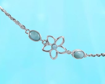 Sterling Silver Larimar Plumeria Bracelet - Adjustable Hawaiian Jewelry