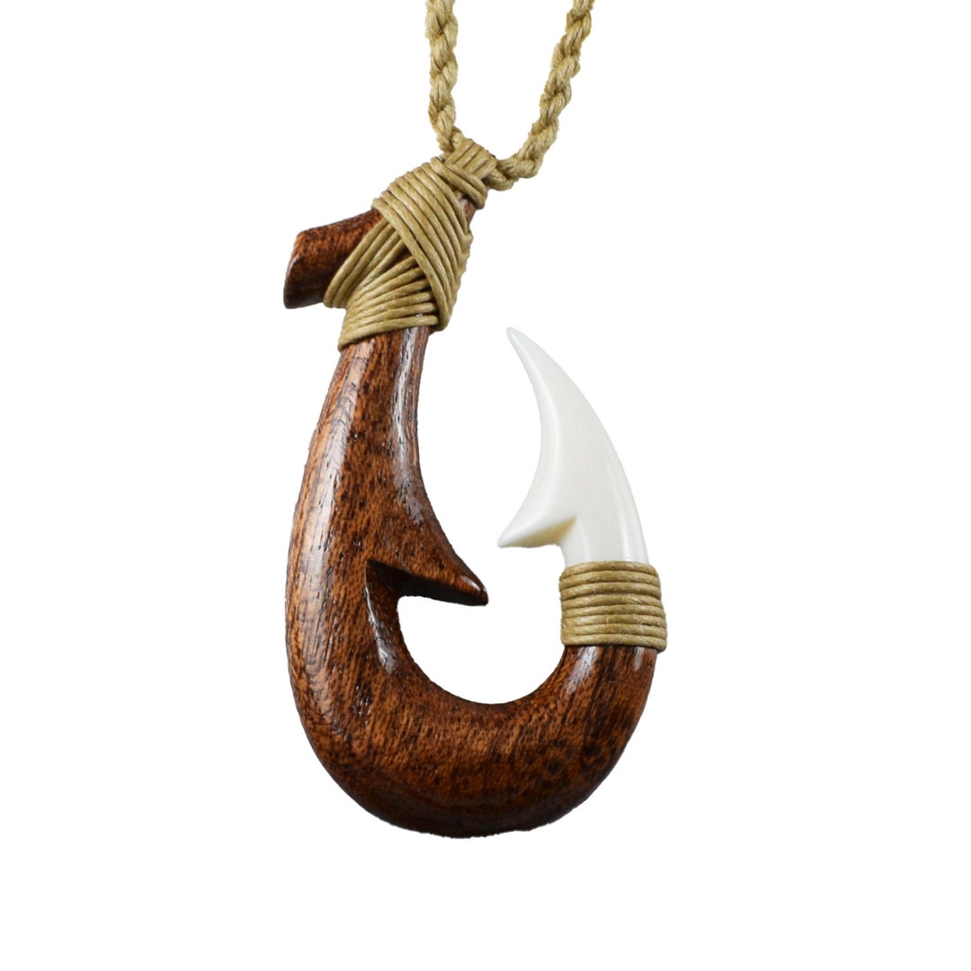 Koa Wood Fish Hook Necklace: Hand Carved Buffalo Bone Hawaiian
