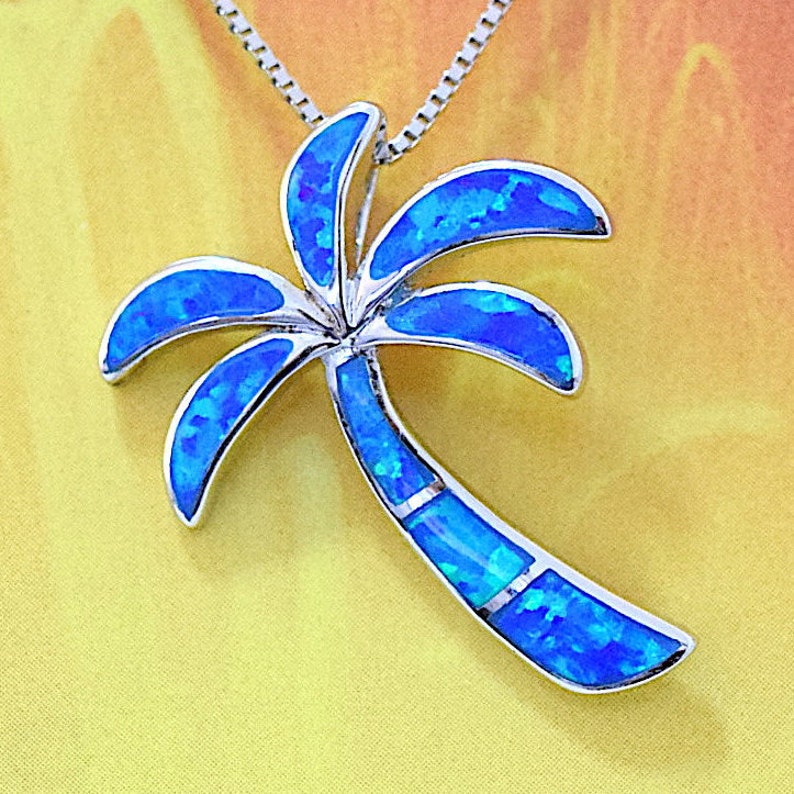 W56015 Hawaiian Jewelry Hawaiian Palm Tree Necklace Valentine Present Birthday Gift Sterling Silver Blue Opal Inlay Palm Tree Pendant