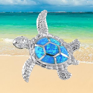 Hawaiian Blue Opal Sea Turtle Necklace, Sterling Silver Blue Opal Inlay Sea Turtle Pendant, Hawaiian Jewelry, Christmas Birthday Gift