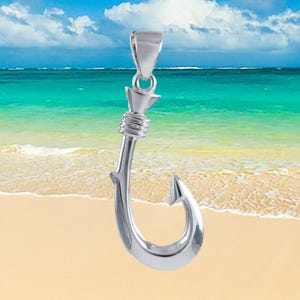 Hawaiian Large 3D Fish Hook Necklace, Sterling Silver 3D Fish Hook Pendant, Hawaiian Jewelry, Christmas Anniversary Birthday Gift